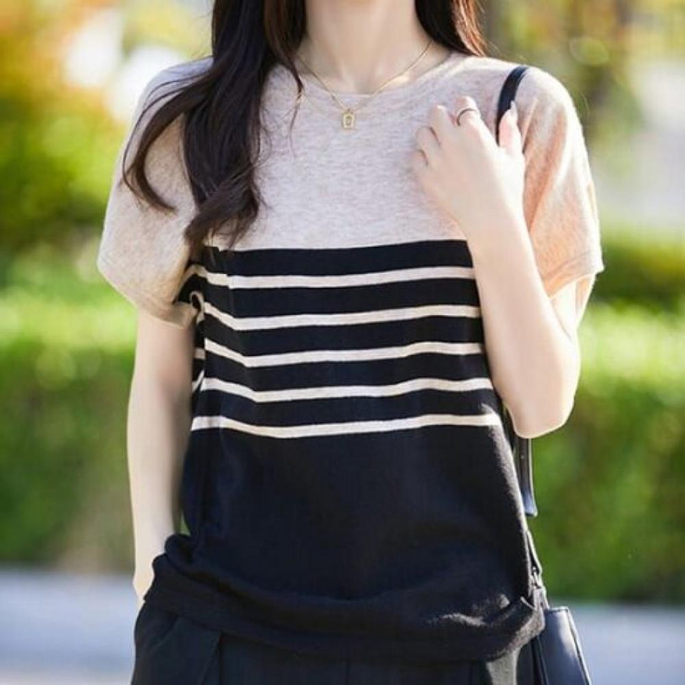 Navava Women Stripe Color Block Short Sleeve Knit Tee Nk3104