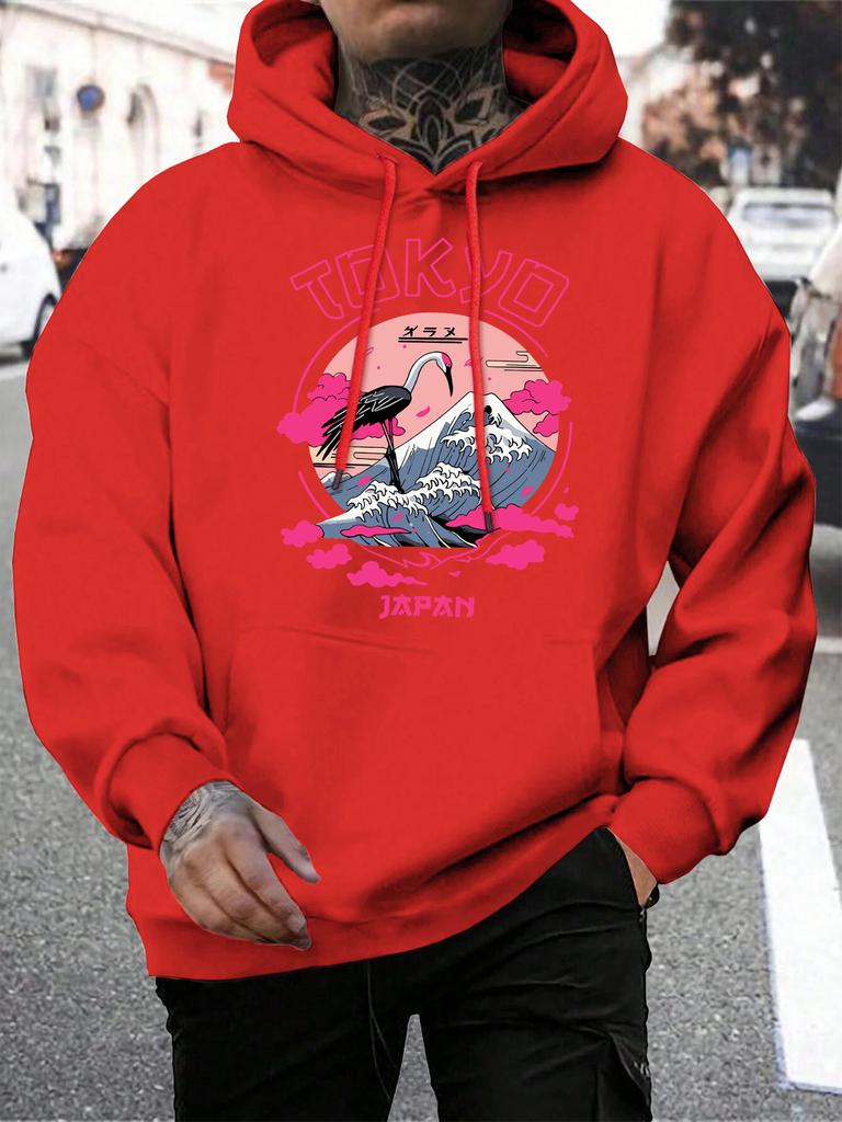 Tokyo Japan Crane Waves Printing Hoodies Men All-Match Casual Hoody Pocket Fleece Streetwear Loose Hip Hop Male Pullover