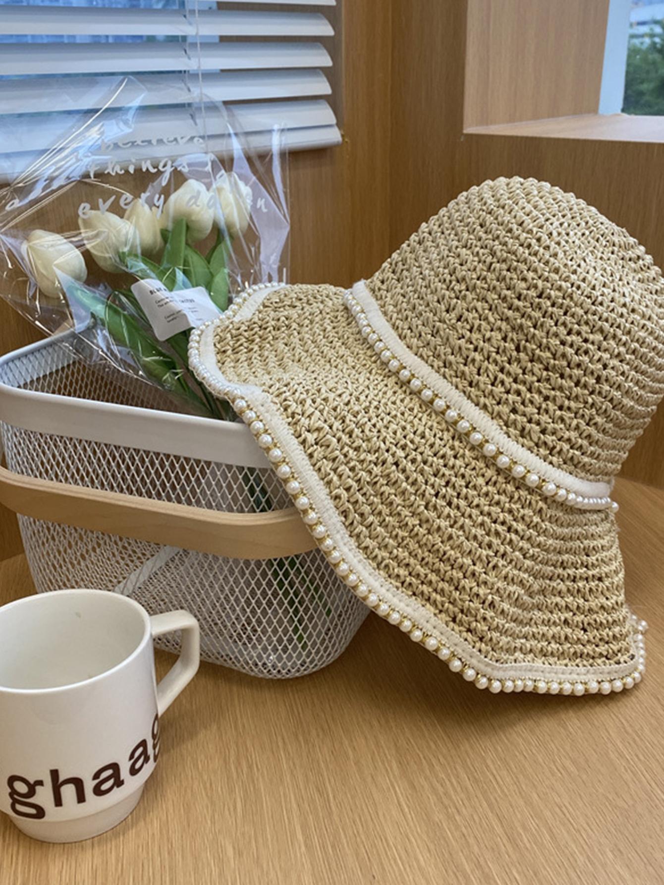 

Women Summer Lace Pearl Straw Hat Sunscreen Kawaii Korea Fashion Bucket Sun Hat Foldable Sweet Casual Holiday Travel Beach Cap