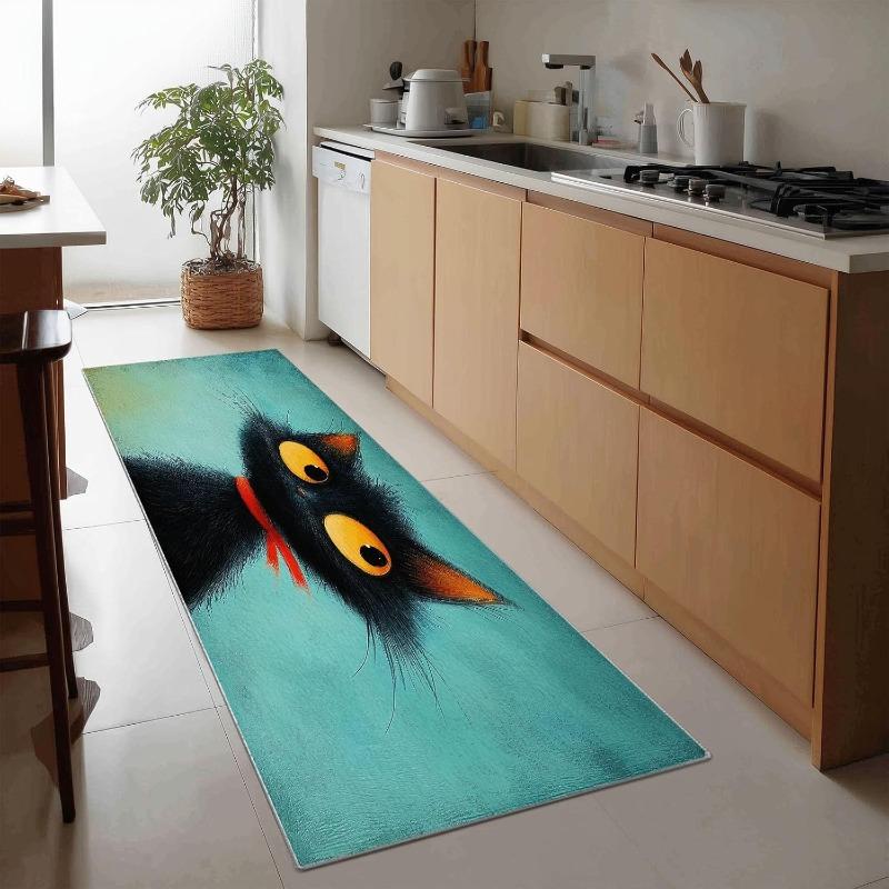 Коврик-дорожка с рисунком кота Мультяшный милый черный кот Кухонный влаговпитывающий нескользящий ковер Декор для дома Прихожая Нескользящий коврик 40X120CM