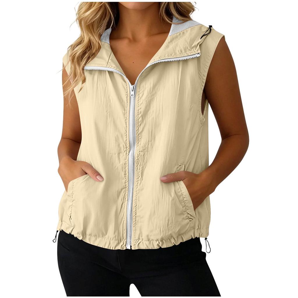 Women Sleeveless Zip Up Hooded Vest Jacket with Pockets Lightweight Casual Outerwear Drawstring Hem Design