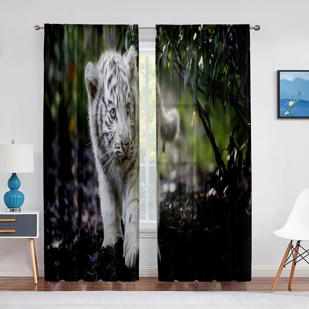 Tende in Tulle Tigre per Decorazione Soggiorno Foglie Verdi Animale Selvatico Tenda Voile Velata per Camera da Letto Cucina Tendaggi per Finestre Tende