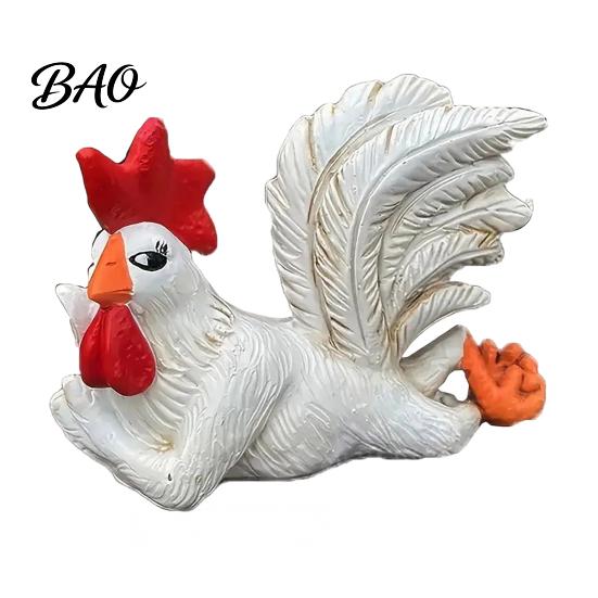 Resin Rooster Statue White with Enchanting Posture & Long Eyelashes, Creative Table Art Sculpture, Funny Auspicious Animal Figurine Decoration, Rustic