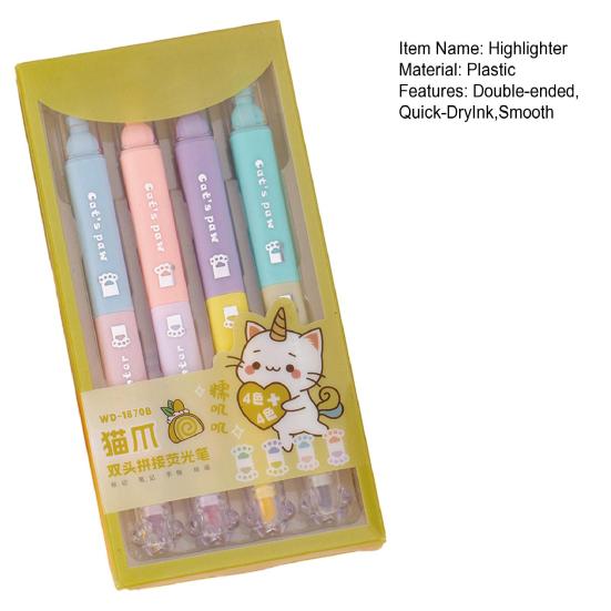 4Pcs Dual-Tip Cat Paw Highlighter with Stamp & Marker Cute Pastel Journaling Pen for Students Smooth Quick-Dry Fun School