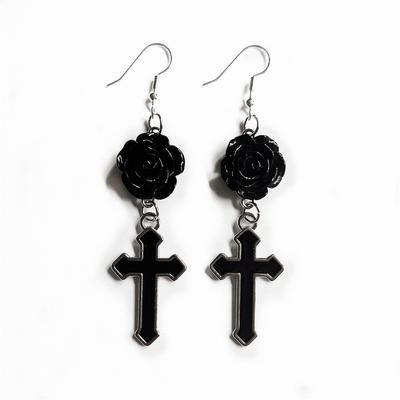 Gothic Black Roses and Cross Pendant Earrings Jewelry