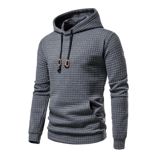 Long Sleeves Drawstring Pocket Waffle Fabric Men Sweatshirt Spring Autumn Plaid Quilting Solid Color Hoodie