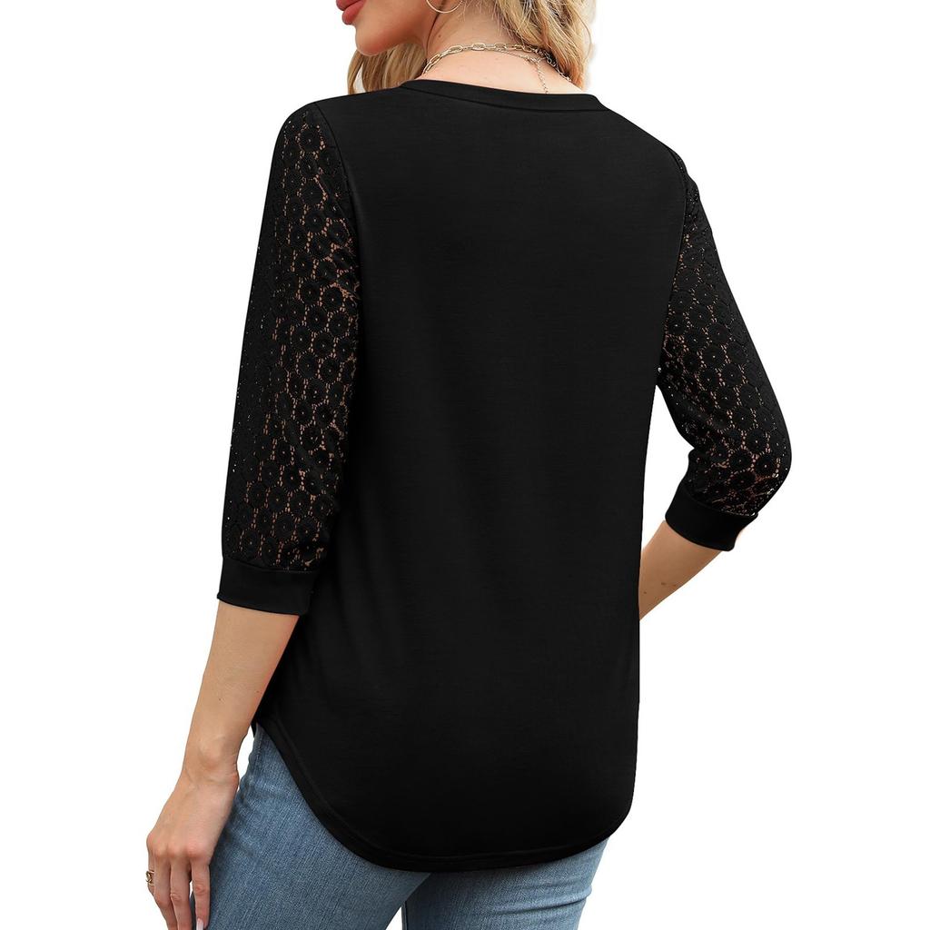 Women's Seven Quarter Sleeved V-Neck Color Lace Patchwork Casual Top Casual Top