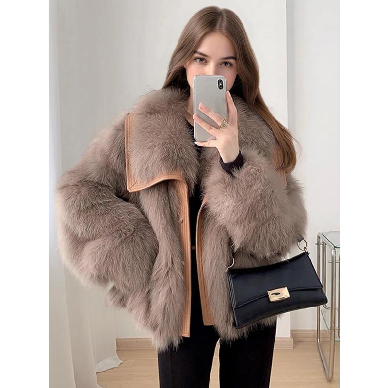 Damski Płaszcz ze Sztucznego Futra Patchworkowe Skórzane Wykończenie Klapy Ciepła Zimowa Kurtka