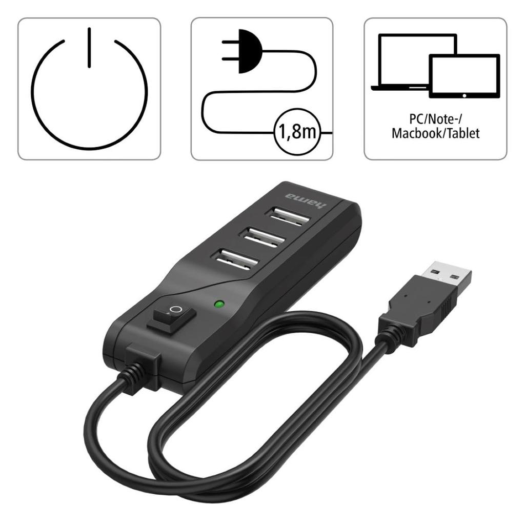 Hama Germany USB USB with Official Import 4-Port Hub, 2.0, 480Mbps, Switch,