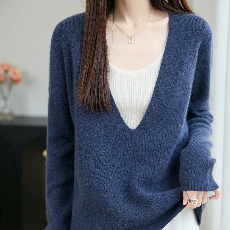 Women's V-Neck Wool Knit Slimming Sweater - Long Sleeve Base Layer