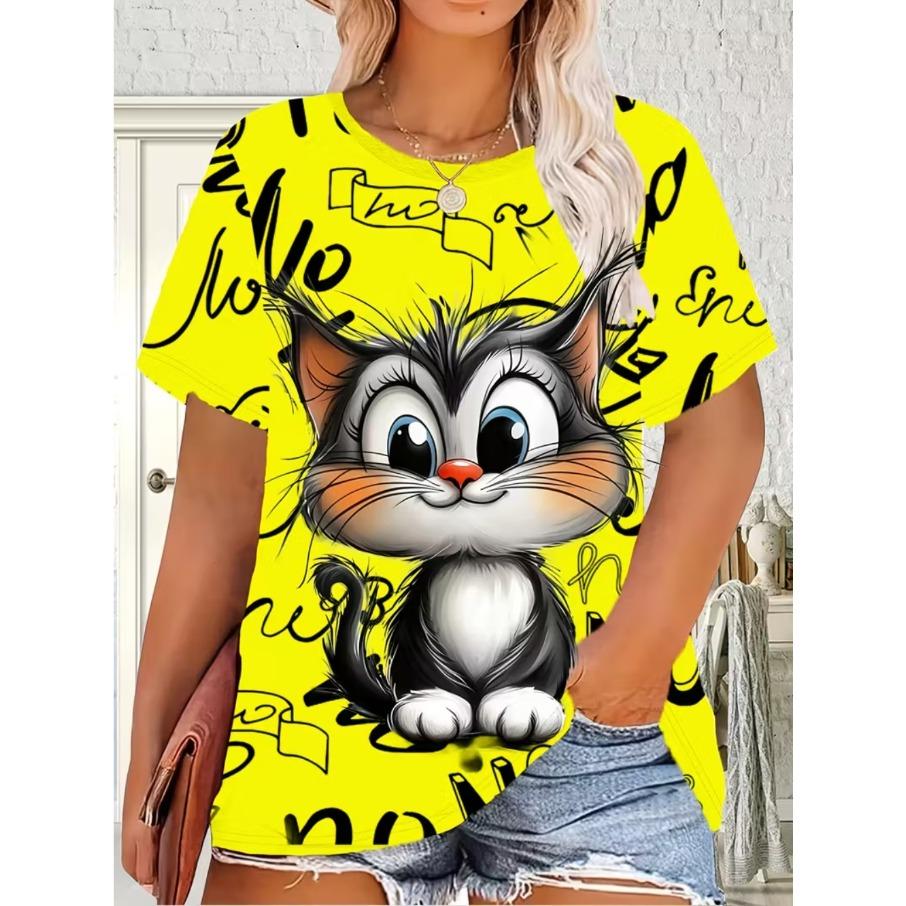 XL-7XL Plus Size Women's Men Cartoon Cat Casual 3D Print Loose V Neck Short Sleeved T-shirt Top