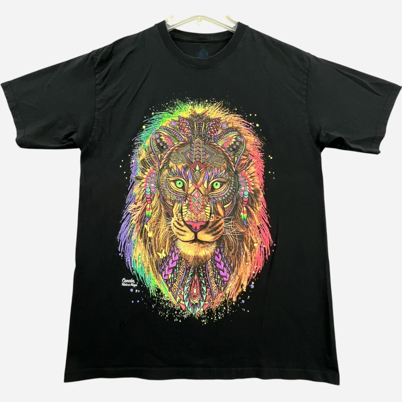 

Mexican Aztec Lion Graphic T Shirt Mens Large Black Neon Painted Cancun Rivera S