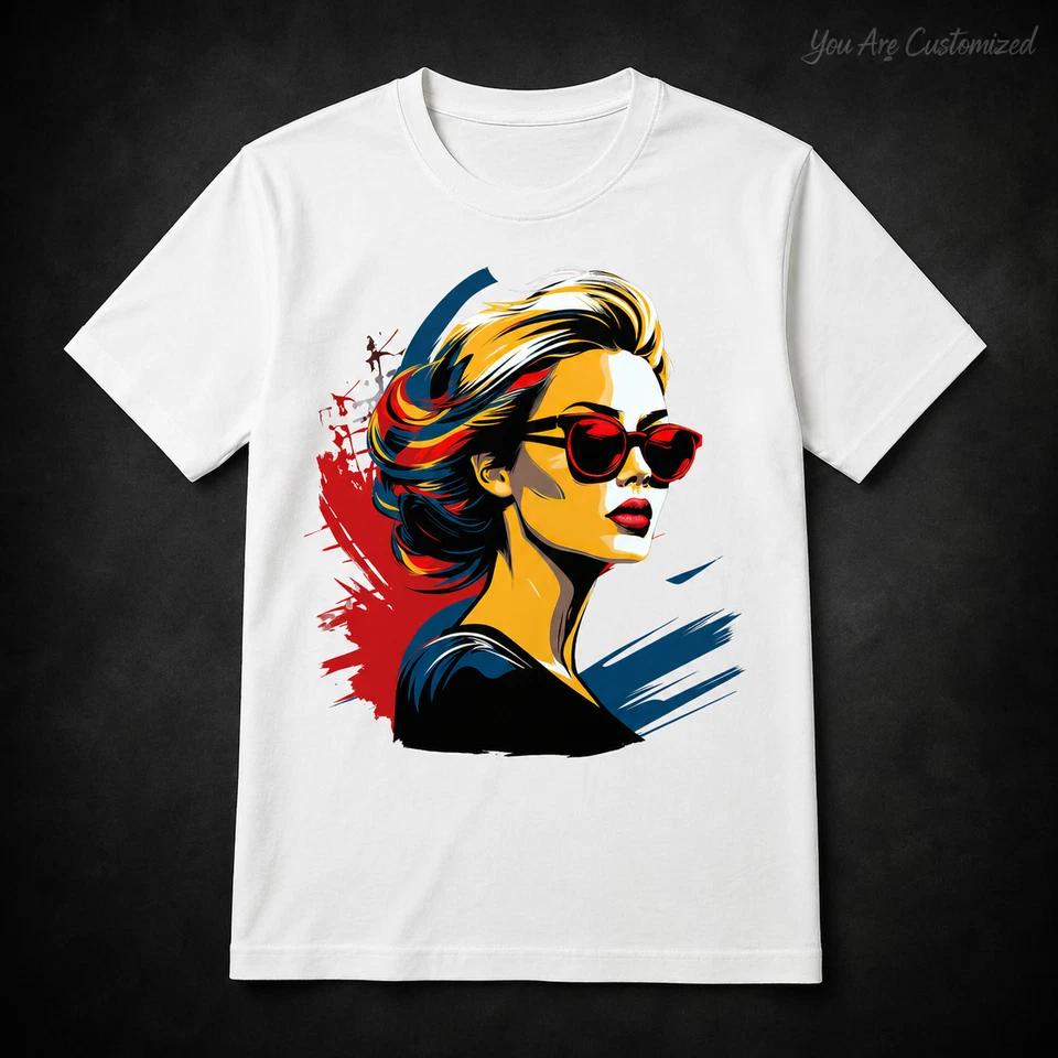 Koszulka Pop Art Kobieta Okulary Przeciwsłoneczne Czarna lub Biała Unisex Modna Graficzna Koszulka 2