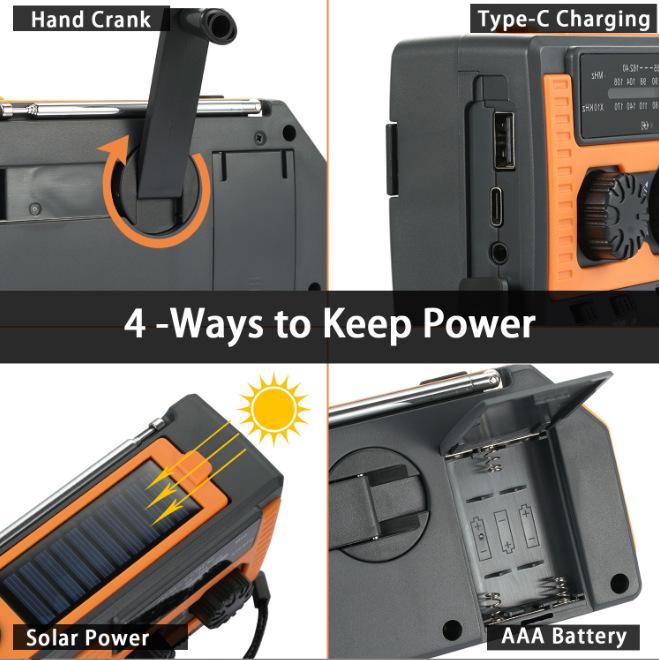Solar Hand-Crank Emergency NOAA Radio with 5000mAh Power Bank and Battery Display