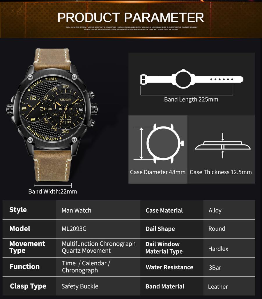 MEGIR 2093 Luxury Business Style Watches High Quality Leather Strap Sports Wristwatch Chronograph Clock Trending Quartz Watch