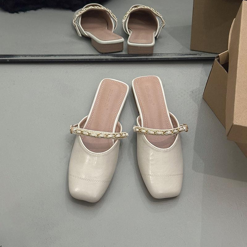 

Spring 2025 new one-pedal half-slippers women s Korean version fashion chain flat-bottomed outer wear bag head sandals bag head shoes 35 абрикосовый