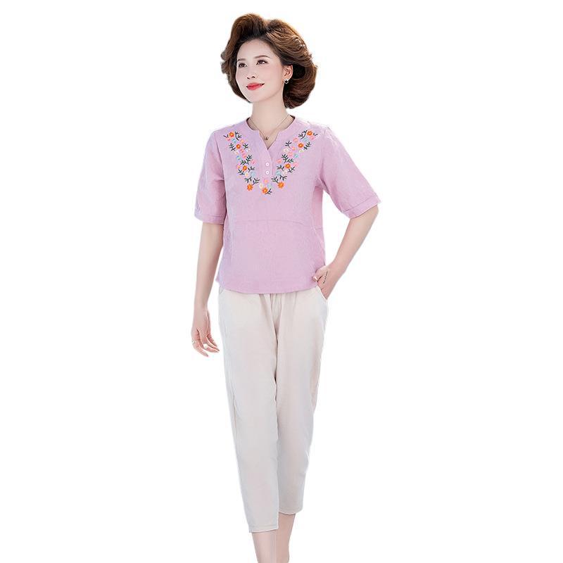 2026 New Women's Cotton Linen Short Sleeve T-shirt - Plus Size Summer Top for Middle-aged Moms