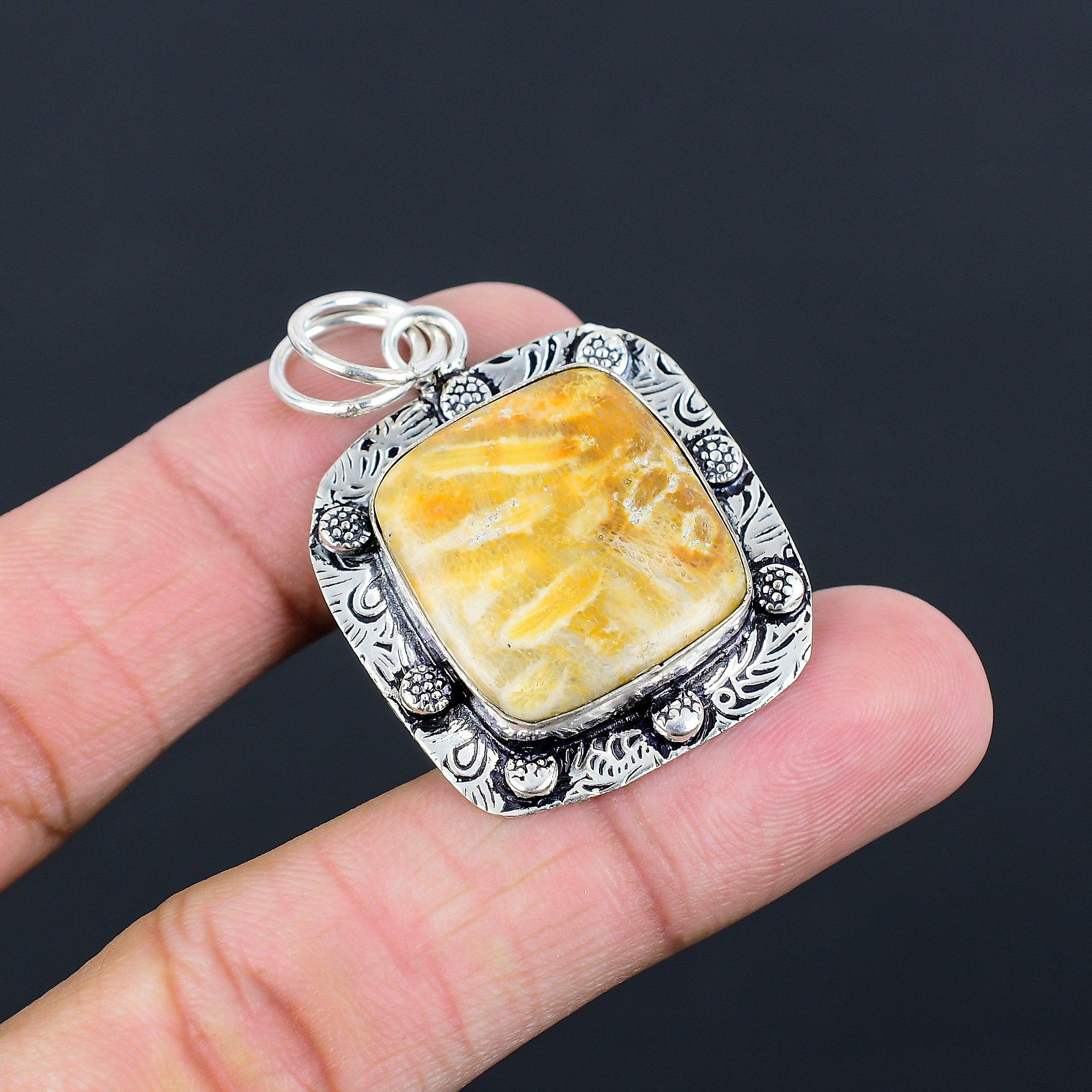 Sisters Day Sale 925 Sterling Silver Natural Fossil Coral Bezel Wedding Pendant
