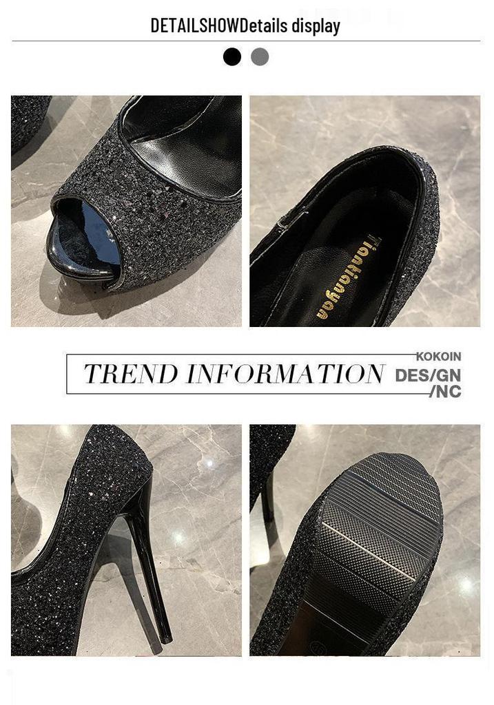 Sequin Peep-Toe High Heel Women's Shoes - Thin Heel, Waterproof Platform, Shallow Mouth, Ideal for Nightclub or Banquet.