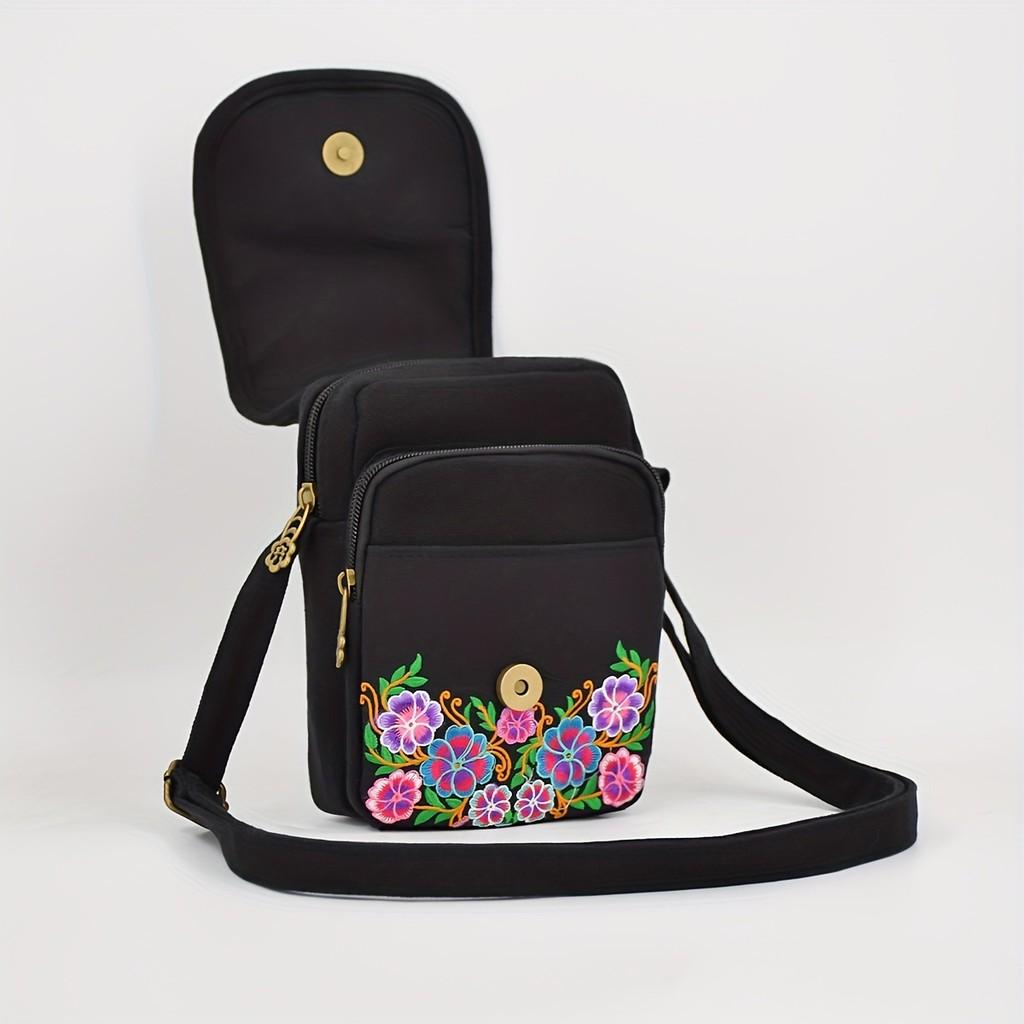 Vintage Chinese Style Embroidered Canvas Crossbody Bag With Multiple Pockets For Daily Use