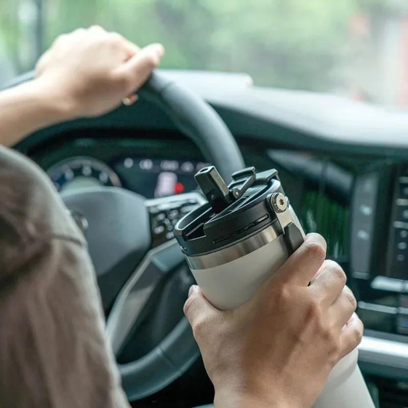 Tyeso Portable Double-layer Insulated Cup Outdoor Hike Large Capacity Sport Water Bottle Car Coffee Cup with Handle and Straw