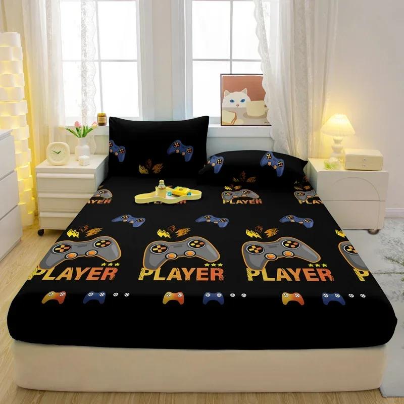 1 Cartoon Fun Game Printed Matte Fitted Sheet, Bedroom Printed Bed Cover, Bedding (Excluding Pillowcases)
