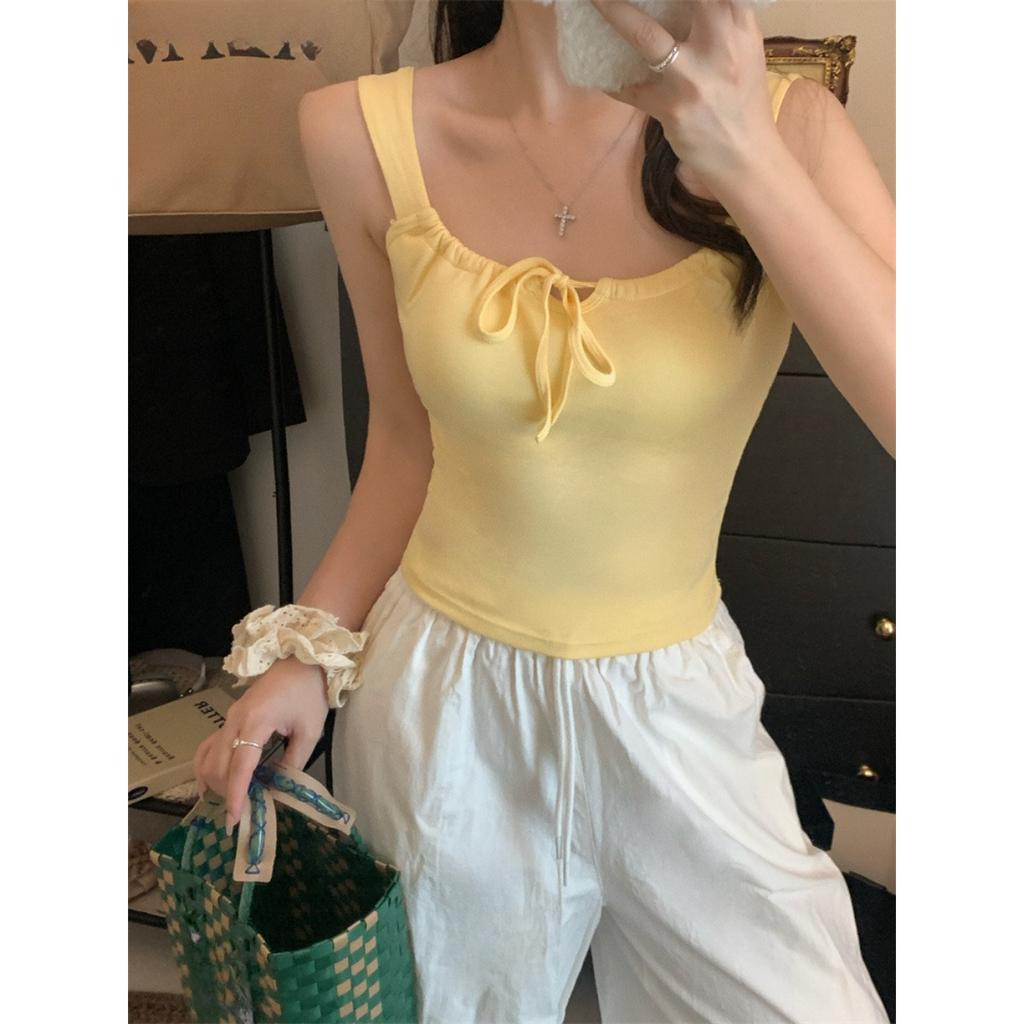 White Atmosphere Feeling Camisole Undershirt Women, Versatile with Bra Pads Department, with Bow Short Models Outside Slim Bottoming Tops