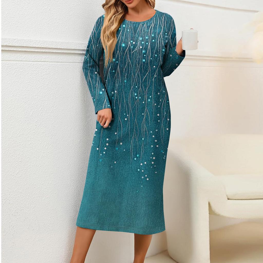 Women's Fashionable Casual Long-Sleeved Round Neck Floral Print Zipper Dress