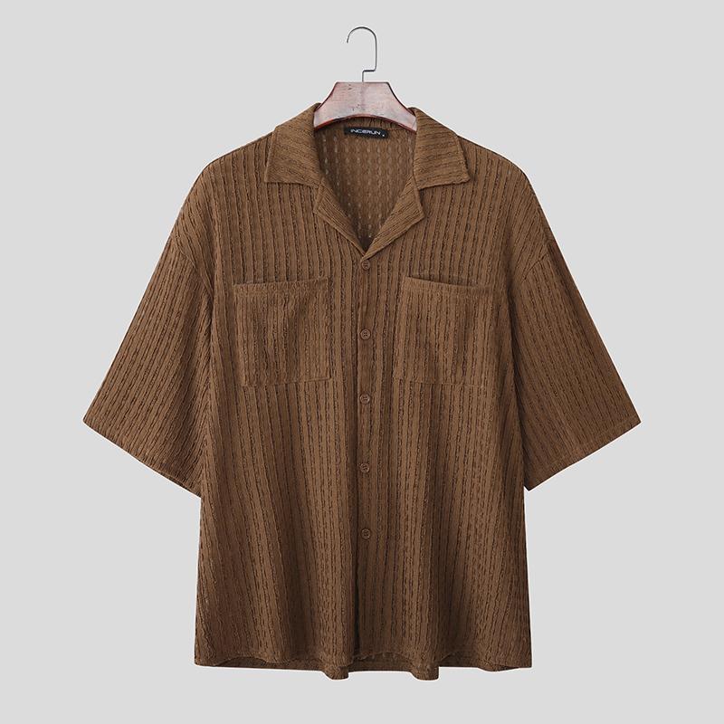 INCERUN Plus Size Men Lapel Neck Short Sleeve Texture Casual Shirts Tops