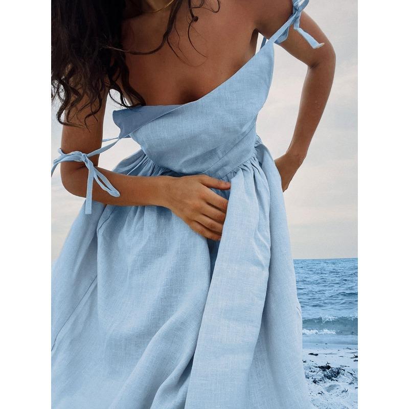 Vestido casual sexy de algodão linho sem costas feminino verão sem mangas elegante casual praia vestido feminino renda festa sólido vestidos soltos femininos 1031