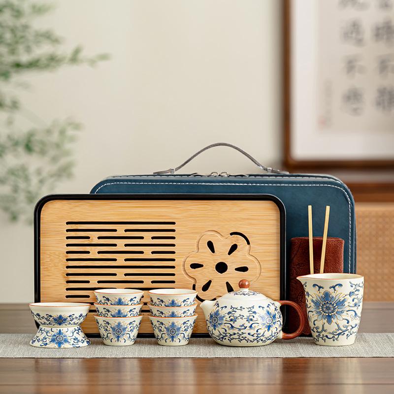 Wrapped Liandehua Ceramic Travel Leather Bag Ru Kiln Tea Set Portable Car Outdoor Kung Fu Tea Set Tea Breaker