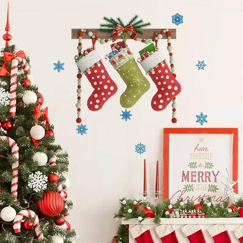 Creative Christmas Stocking Wall Sticker Cartoon Christmas Decoration Removable Static Sticker Holiday Party Decor Wall Stickers