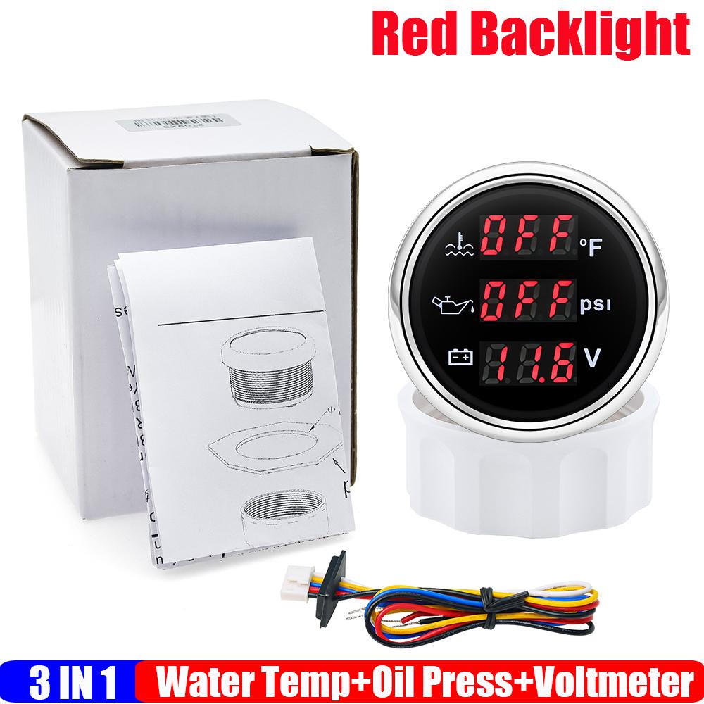 Red LED Digital Water Temperature+Oil Pressure+Voltmeter 3IN1 Multifunctional 52mm Gauge Alarm Waterproof Auto Car Boat
