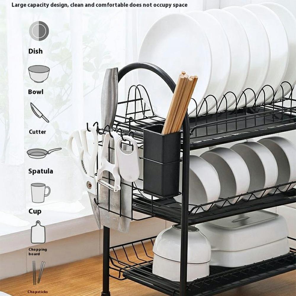 

3 Tiers Kitchen Dish Rack Multifunctional Drainer for Bowls Plates Cups Organizer Shelf Black+Cup Holder