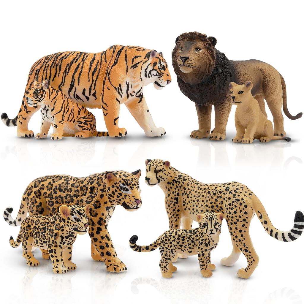 TOYMANY 8-Piece Wild Animal Figure Set, Wild Animal Family with Lion, Tiger, Jaguar, and Cheetah Baby, Realistic Animal Models, Popular Animal Toys,