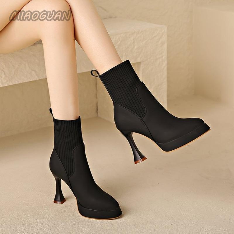 High-heeled Short Boots Spring and Autumn Pointed Toe Elastic Stocking Ankle Boots for Women Splicing Slip On Botas Femininas