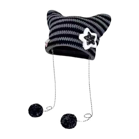 Winter Knitted Hat Cat Ear Design Plush Ball Decor Striped Print Windproof Warm Women Hat Cold Weather Headwear