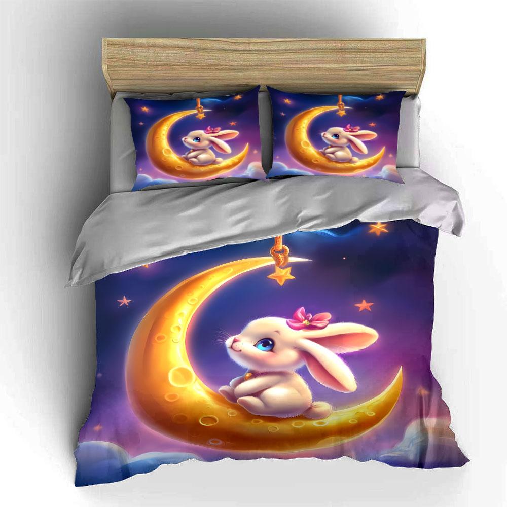 Cute Bunny On Crescent Moon Print Soft Comfortable Duvet Cover Bedding Set Included 1*Duvet Cover 2*Pillowcases Luxury Gift
