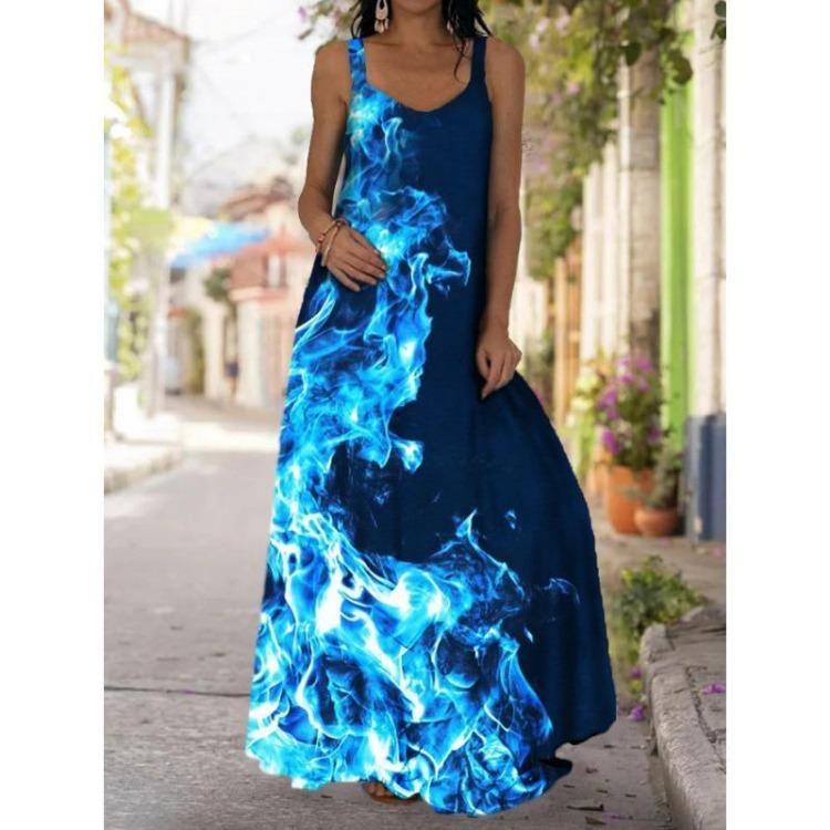 Dámské Boho Letní Maxi Šaty Mimo Rameno Bez Rukávů Volné Kolové V Výstřih Dlouhé Plážové Šaty Větší Velikost Vzdušné Ležérní Šaty S Potiskem