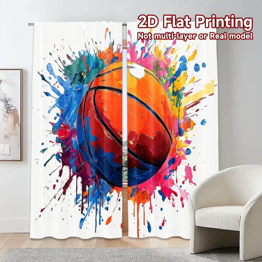 2pcs, 2D FLAT PRINTING Curtains (Without Rod) Splash Hoops Popular Print Curtains Versatile Fabric Curtains All Seasons Perfect