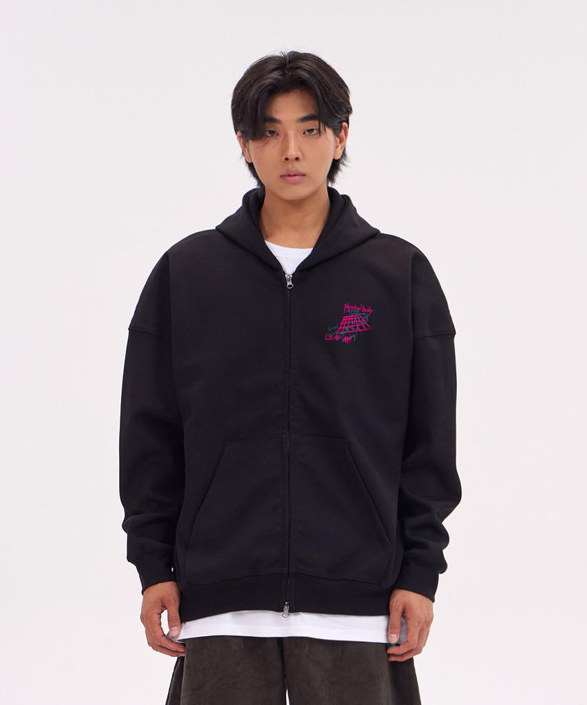 Astral Projection Graffiti Oversized Wide Shoulder Zip-Up Hoodie_Black