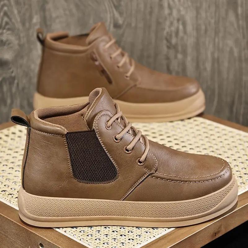 Thick Sole Man Casual Boots Non Slip and Waterproof Platform Leather Shoes for Men Lace Up Designer Elegant Pu New In On Sale