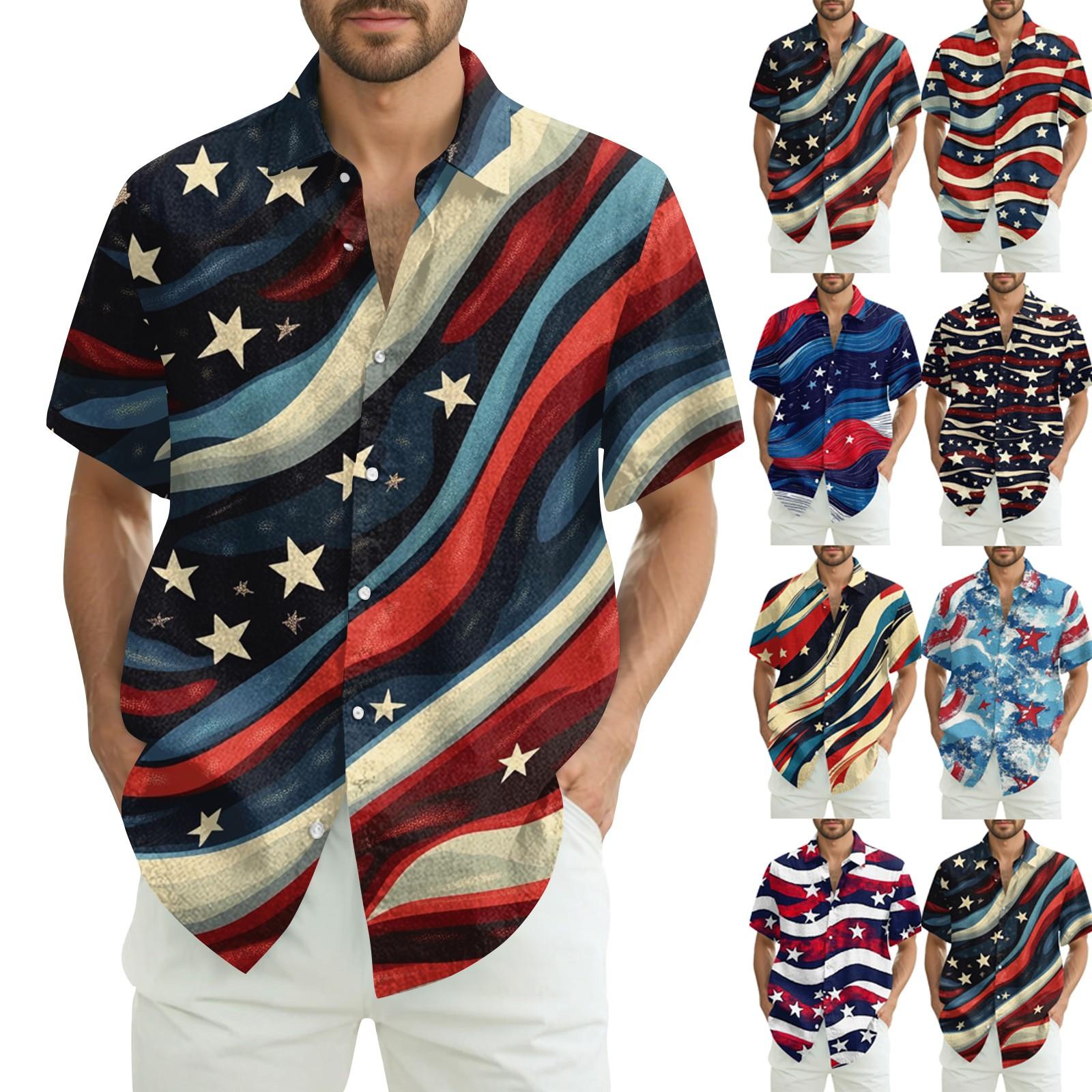 

Men s Casual Casual Independence Day Print Short-sleeved Shirt L винний