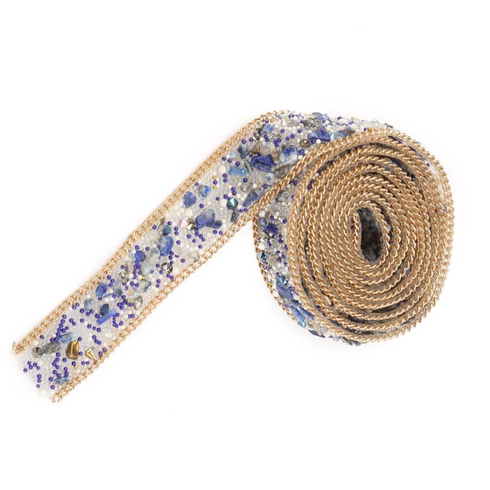1pcs 1M Length Rhinestone Ribbon Chain Gold Chain Combined Beaded Applique Trim For Clothes White Rice Bead