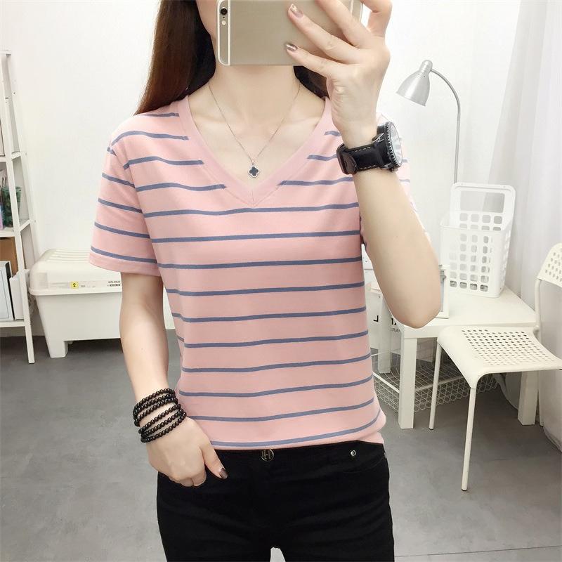 Sommer V-Ausschnitt Oberteil Baumwolle Gestreift Kurzarm T-Shirt Damen Locker T-Shirt