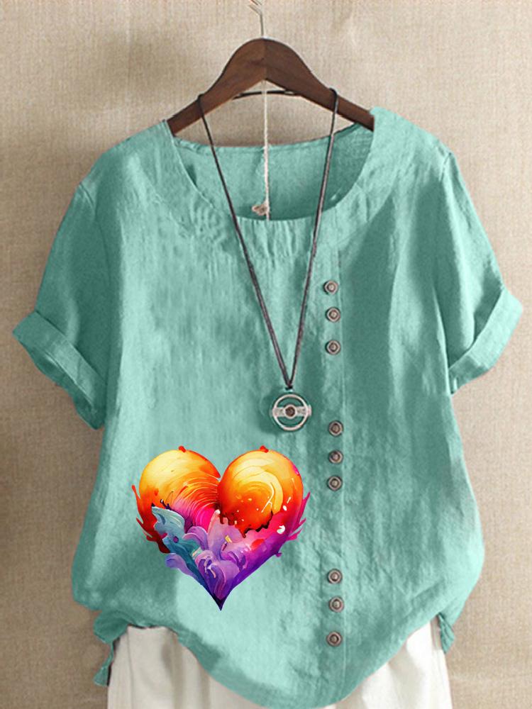 Women's Fashion Flame Love Print Round Neck Short Sleeve T-shirt Summer Casual Cotton Linen Graphic Shirt Leisure Loose Blouse Tops