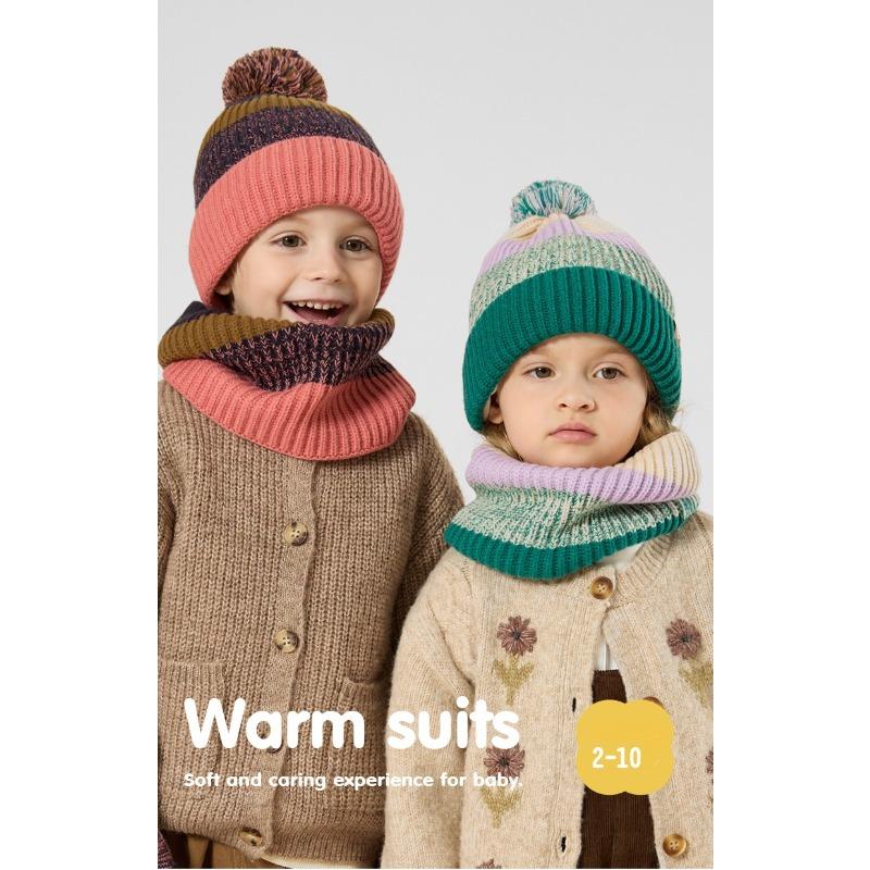 Children's Scarf Three Piece Set with Plush Contrasting Color Ball Hat, Scarf Gloves, 3-piece Set for Warmth