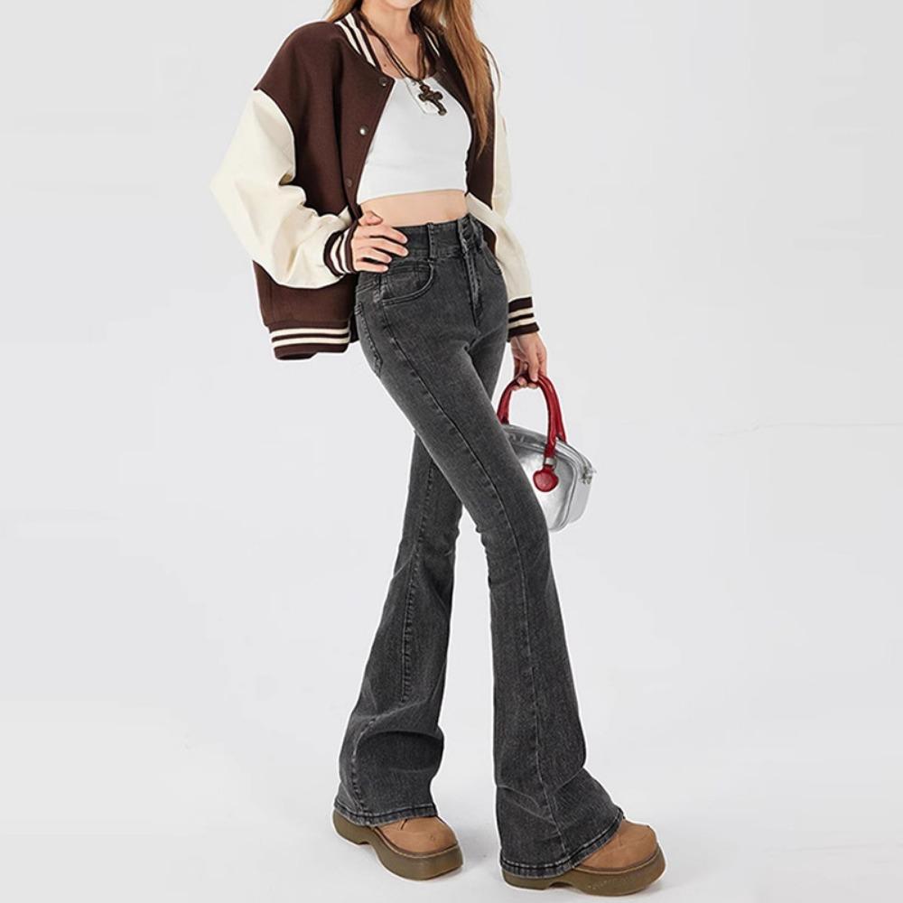 Personalized Versatile High-waisted Micro-pull Jeans Spring and Autumn New Double-buckle Thin Micro-flared Jeans