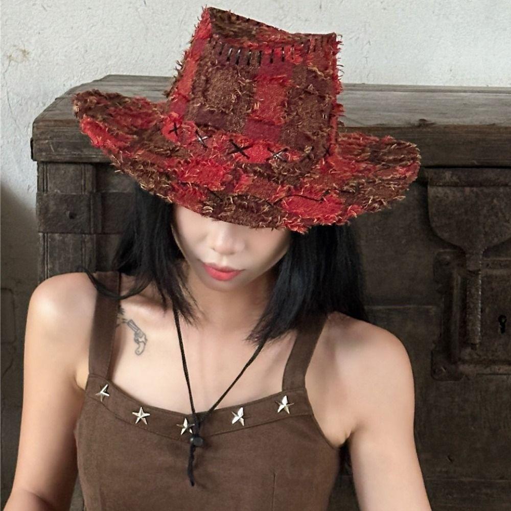 Adjustable Wide Brim Sun Hat Y2k Plaid Knight Hat Vintage Western Cowboy Hat for Male Female