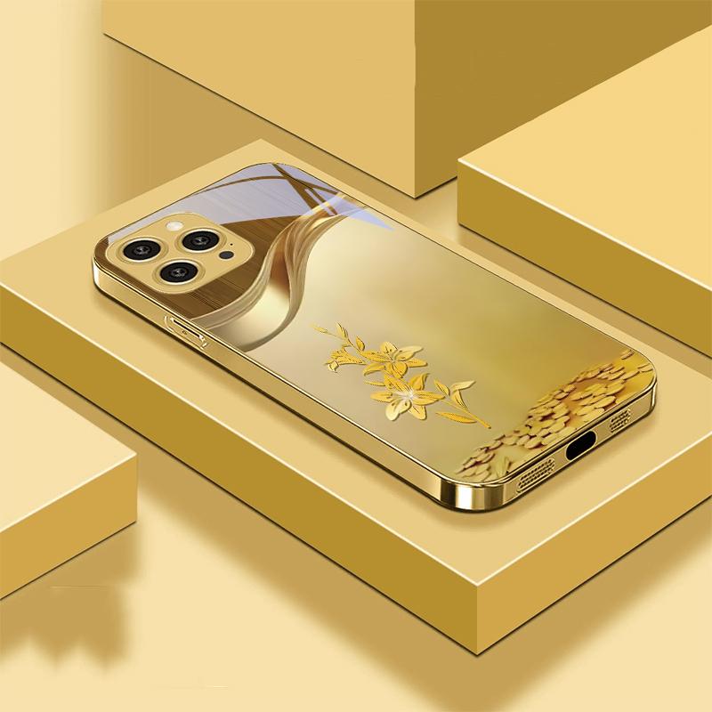 Golden Orchid Flower For IPhone 16 Pro Max 15 P Ro 14 M Ax 13 Plus 12 Mini 11 XS Max XR Golden Tempered Glass Phone Case